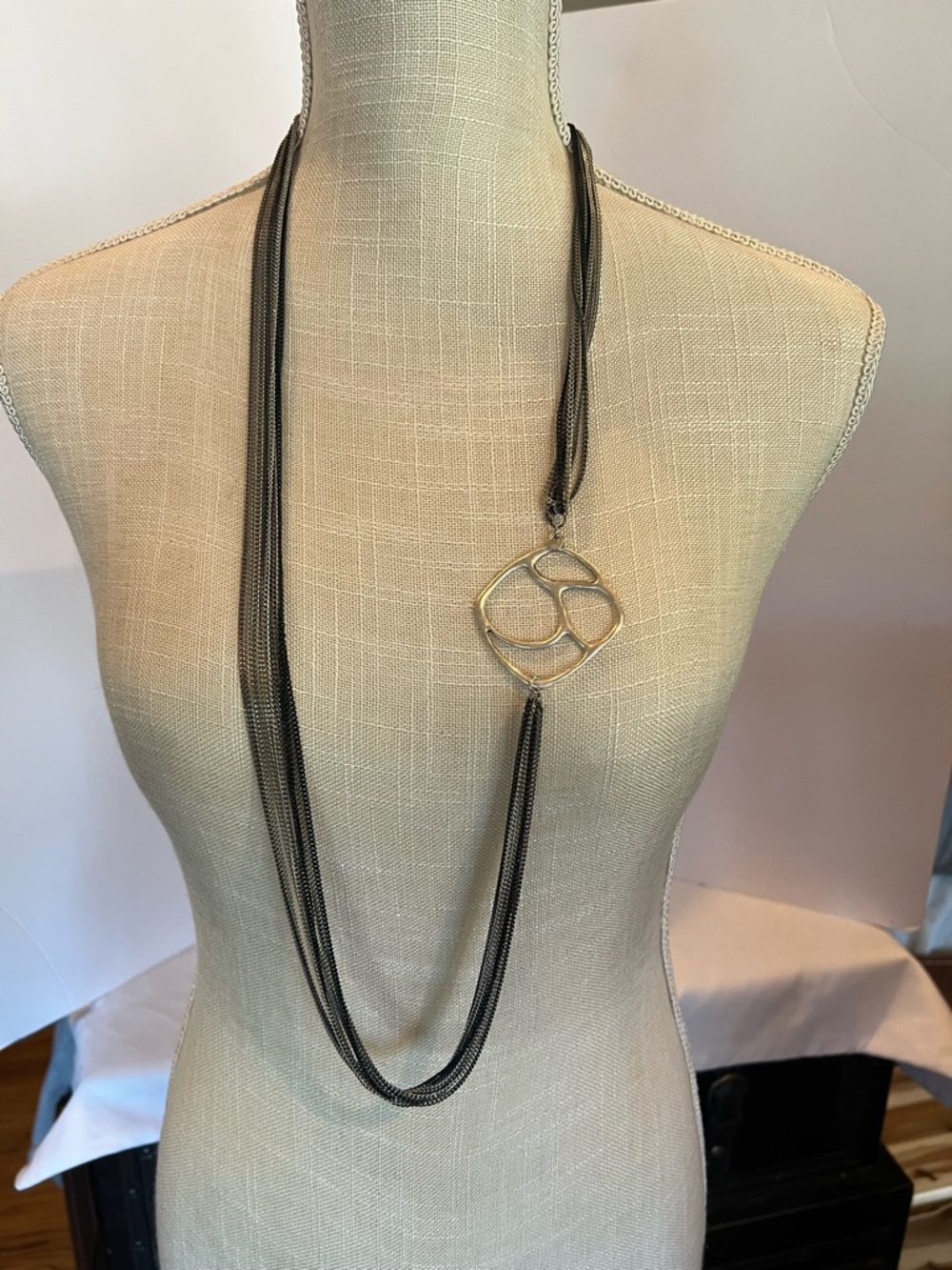 Layered Gunmetal Chain Necklace with Silver Abstract Pendant